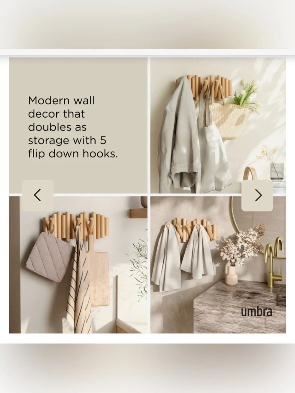 Umbra EUC Picket Hook Wall Hook w/5 Hooks in Natural Beveled Pine Wood